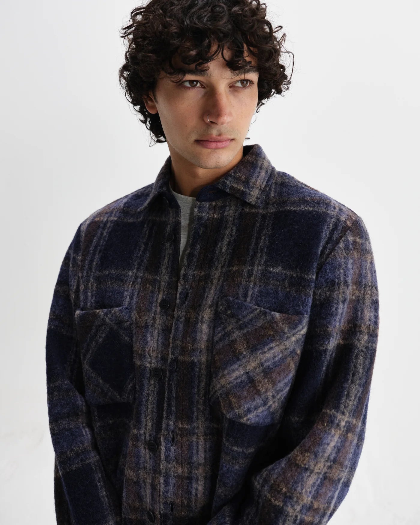 Wax London Whiting Overshirt Navy Wool Blend Check