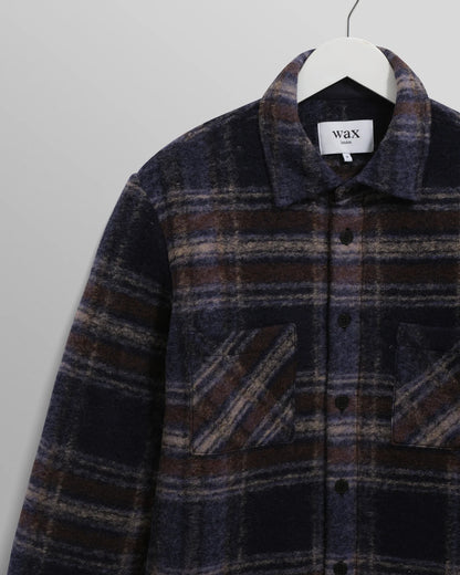 Wax London Whiting Overshirt Navy Wool Blend Check