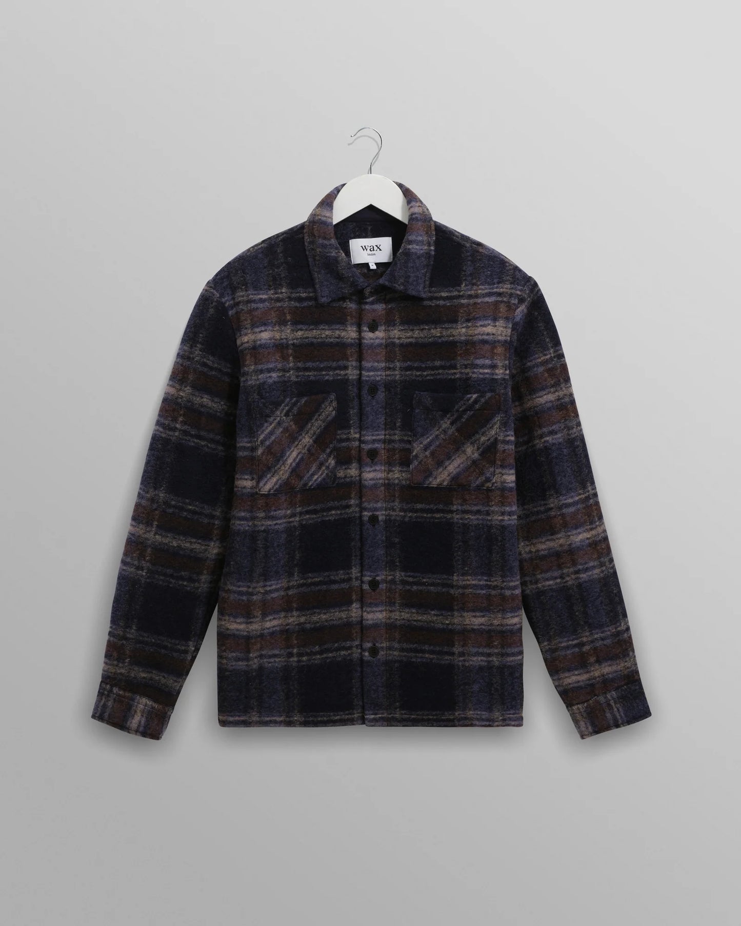 Wax London Whiting Overshirt Navy Wool Blend Check
