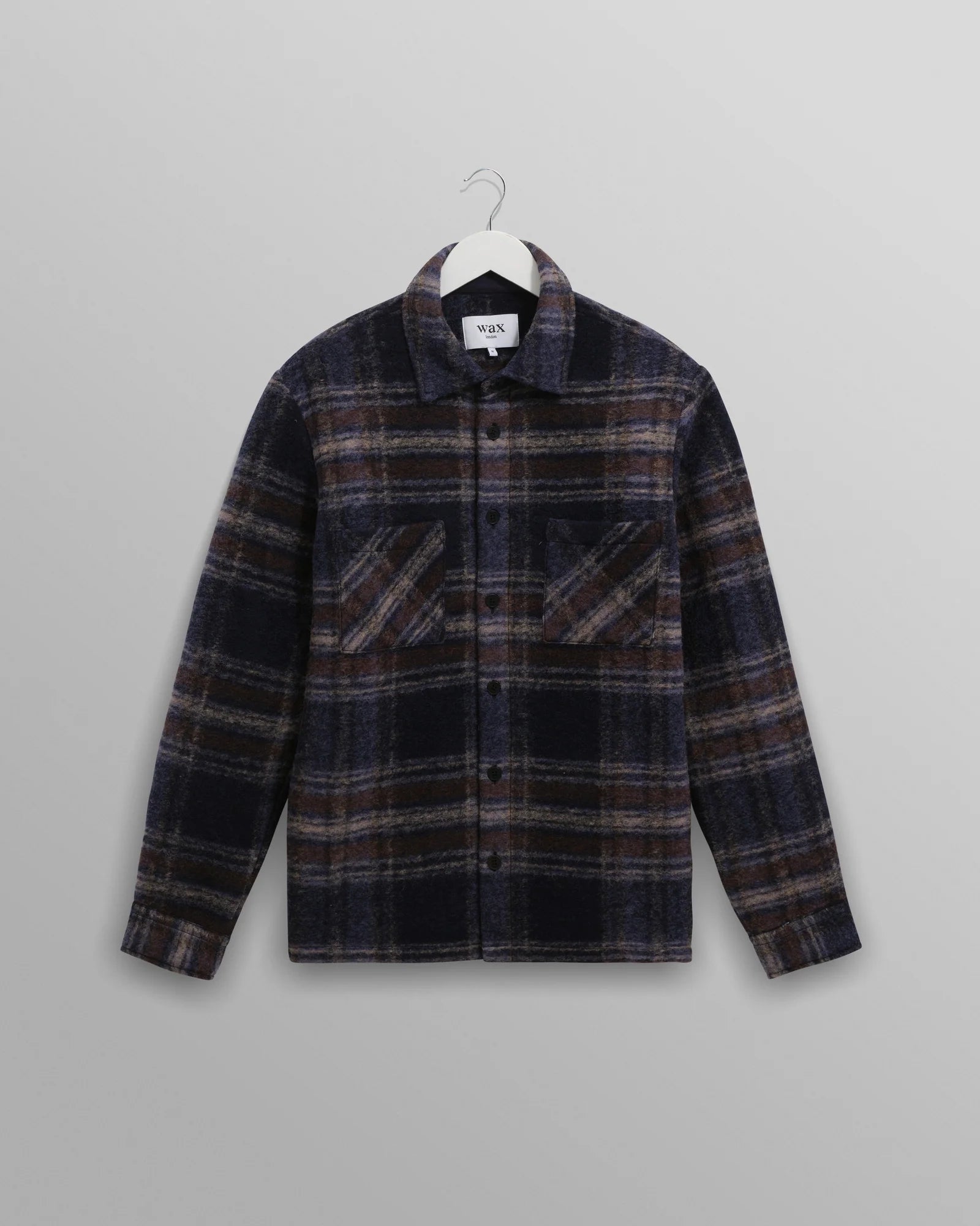 Wax London Whiting Overshirt Navy Wool Blend Check
