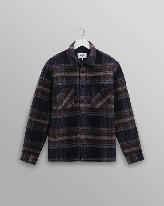 Wax London Whiting Overshirt Navy Wool Blend Check